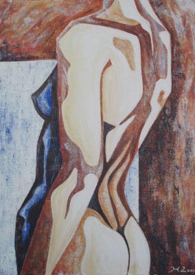 Gemälde in Acryl mit abstrakter Darstellung eines Rückenaktes in Blau, Ocker und Gelb